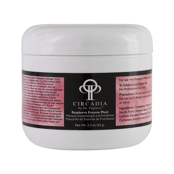 White jar container of Raspberry Enzyme Set (Professional) | Circadia with a pink and black label for skincare use, featuring enzyme mask instructions and ingredients.