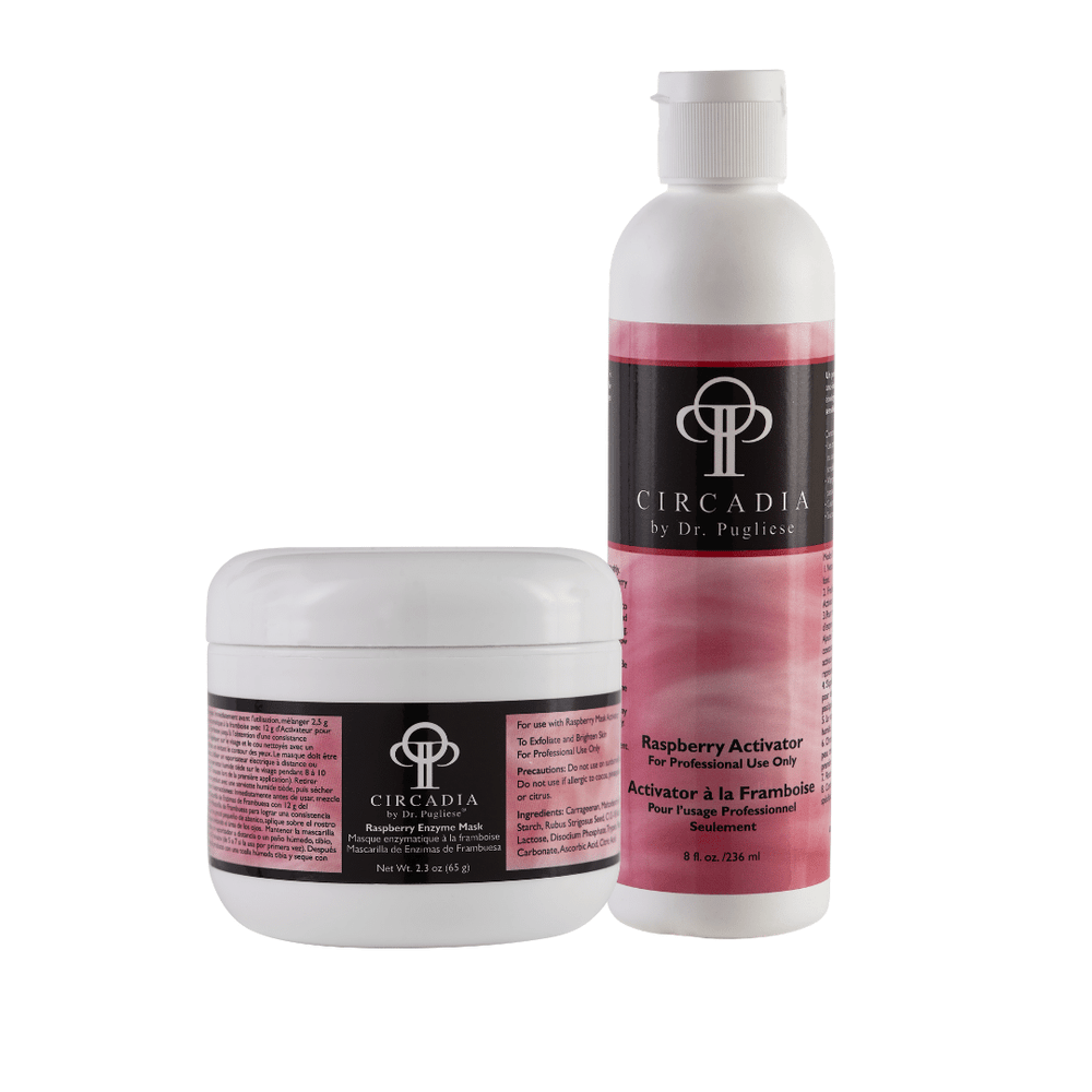 Two skincare products from the Raspberry Enzyme Set (Professional) | Circadia displayed on a white background, featuring a jar and a bottle with pink and black labels for professional skincare use.