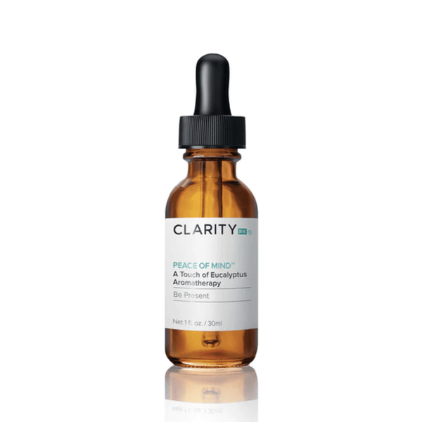 Amber glass dropper bottle of Peace Of Mind™ Be Present | ClarityRx aromatherapy oil featuring eucalyptus for wellness and mental clarity.