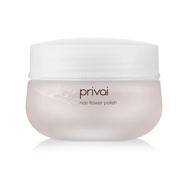 Container of Rice Flower Polish 50g | Privai featuring a minimalist design with a frosted jar and white lid, ideal for skincare and body care routines.