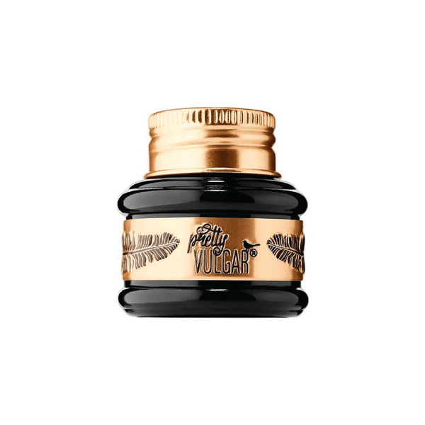 Small black and gold jar of The Ink Gel Eyeliner | Pretty Vulgar with feather design on the label against a white background.