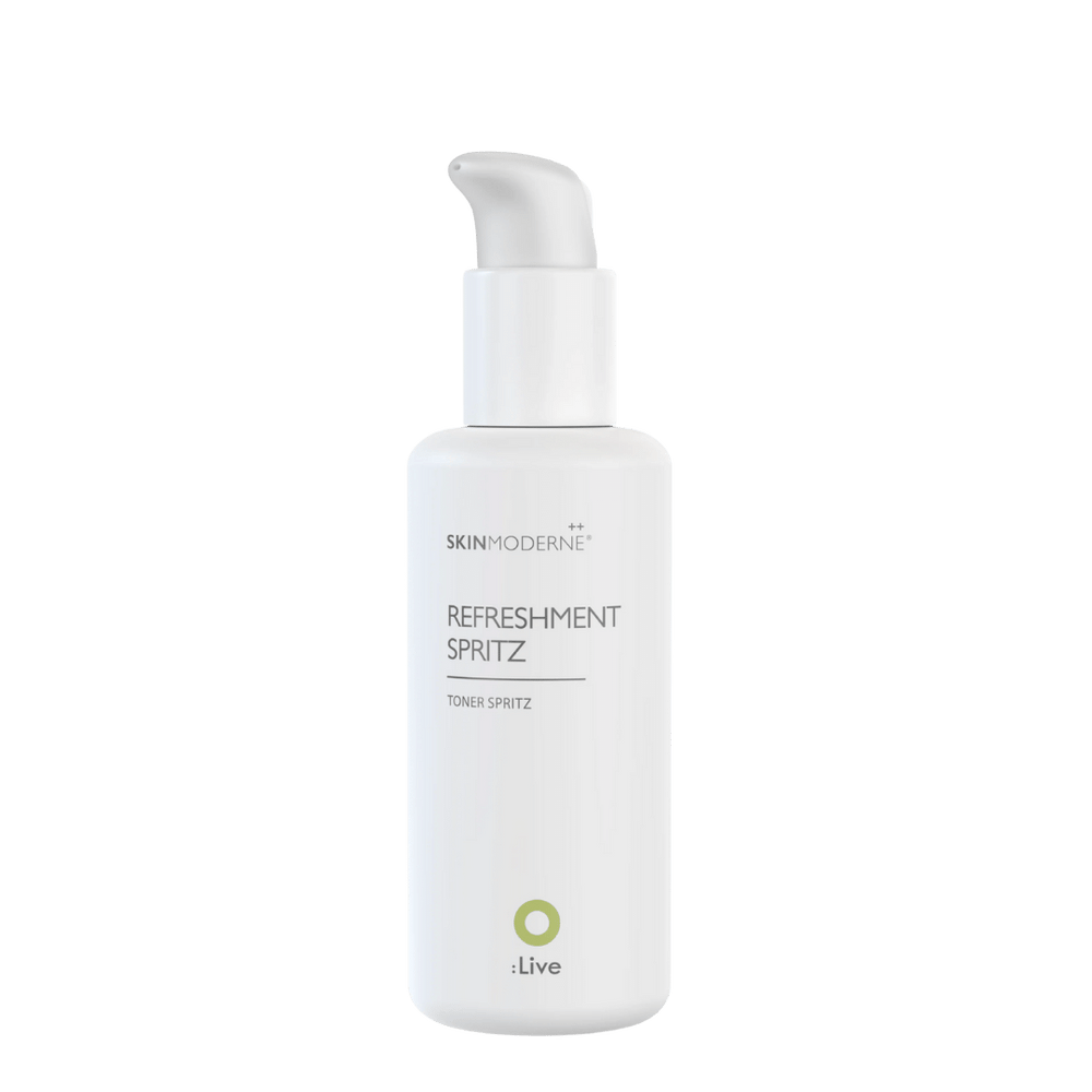 White pump bottle of Refreshment Spritz | Skin Moderne skincare toner spritz designed for daily hydration and revitalizing body care routines.