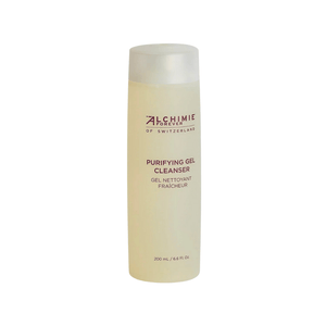 Bottle of Purifying Gel Cleanser | Alchimie Forever with translucent light yellow gel inside, designed for skincare and cleansing routines.