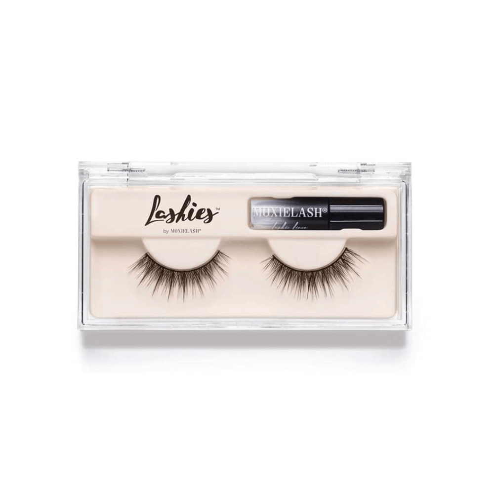 Clear plastic case containing a pair of false eyelashes and a small tube of adhesive labeled Lashies™ - Lovely - On The Go | Moxielash.