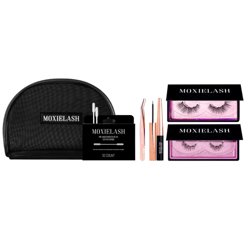 Luxe Bag Natural Set | Moxielash featuring a black branded cosmetic bag, pre-glue remover oil pads, dual-prong and curved tweezers, and two sets of natural false eyelashes in black cases.