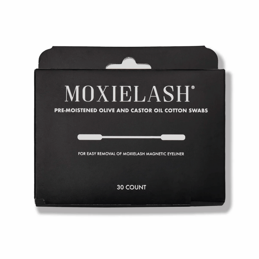 Black box packaging of Magnetic Eyeliner Swabbies | Moxielash, featuring pre-moistened olive and castor oil cotton swabs for easy removal of Moxielash magnetic eyeliner, 30 count.