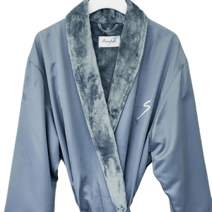 Microfiber Shimmer Lined Robe - Teal | Mansfield hanging on a white hanger, featuring a soft, plush lining and smooth teal exterior fabric for comfortable body care and wellness moments.