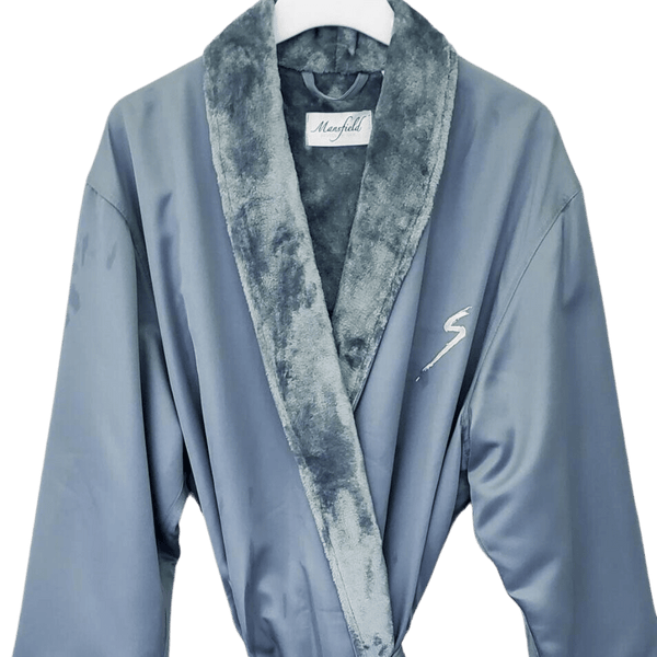 Microfiber Shimmer Lined Robe - Teal | Mansfield hanging on a white hanger, featuring a soft, plush lining and smooth teal exterior fabric for comfortable body care and wellness moments.