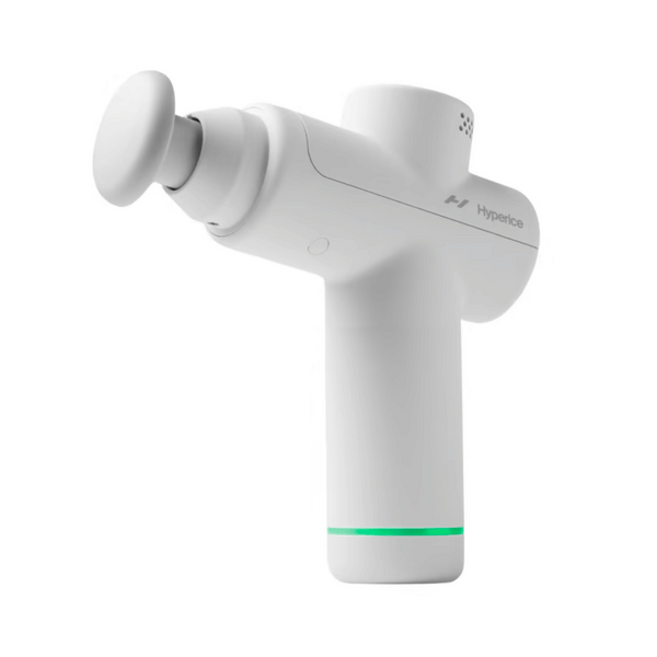 Sleek white handheld massage device with a round attachment tip, designed for targeted muscle relief and recovery, named Hypervolt Go 2 | Hyperice.