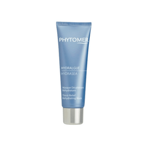Blue tube of Hydrasea Mask | Phytomer skincare product designed for thirst-relief and rehydration, featuring a silver cap and simple minimalistic packaging.