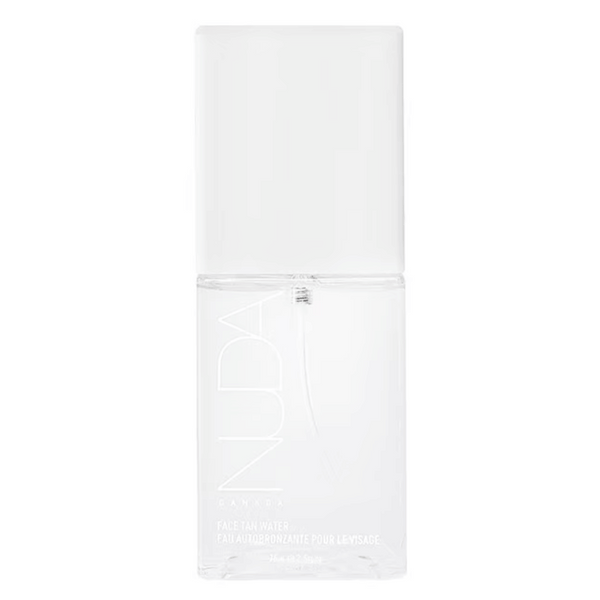 Clear square bottle of Face Tan Water - Dark | NUDA with minimalistic white cap, designed for skincare and tanning enhancement.