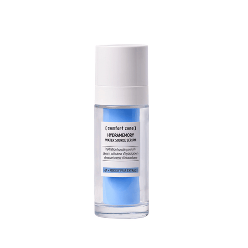 Hydramemory Water Source Serum | [ comfort zone ] in a clear bottle with a white cap and blue inner component, designed for skincare hydration and boosting moisture.