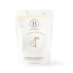 Packaging of little charlie™ Kids Bath Soak 750g | Bathorium featuring a soft pastel design with a sailboat illustration, promoting gentle skincare and body care for children.