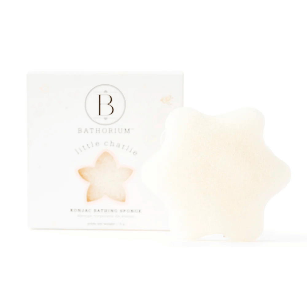 little charlie™ Konjac Sponge | Bathorium in a star shape, designed for gentle skincare and body care, paired with its branded packaging against a white background.