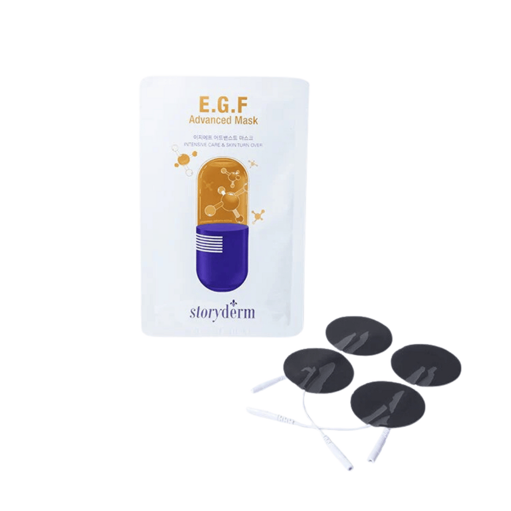 Restorative Facial Sheet Mask Set - 2 Mask Kit | 7e Wellness featuring a skincare sheet mask packaging and four round black wellness device pads for facial care and recovery.