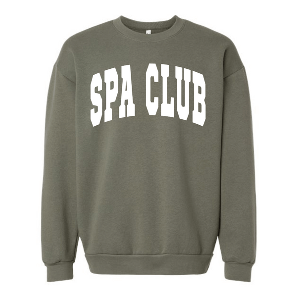Spa Club Crew Neck Sweatshirt | Lucky Owl in olive green with white "SPA CLUB" lettering, featuring a comfortable fit and ribbed cuffs and hem.