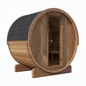 E6 Sauna Barrel - 2-4 Person | Western Sol, crafted from natural wood with a curved design, featuring a glass door and shingled roof for a cozy wellness spa experience.