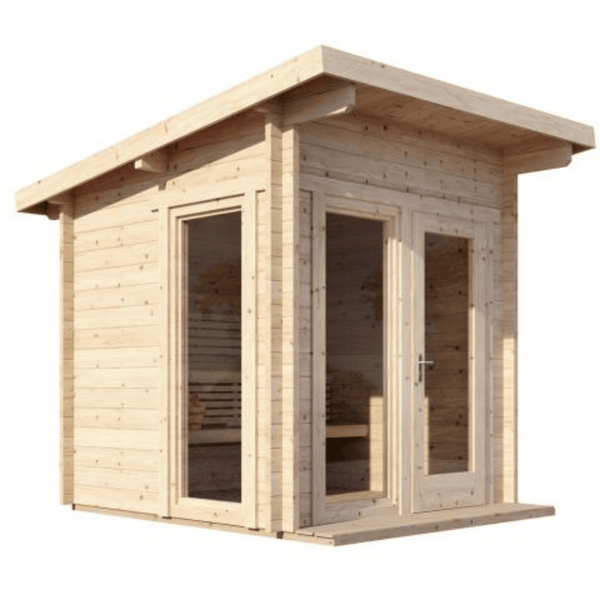 G4 Sauna - 6 Person | Western Sol wooden outdoor sauna with large glass doors and windows, designed for wellness and relaxation, featuring a modern slanted roof.