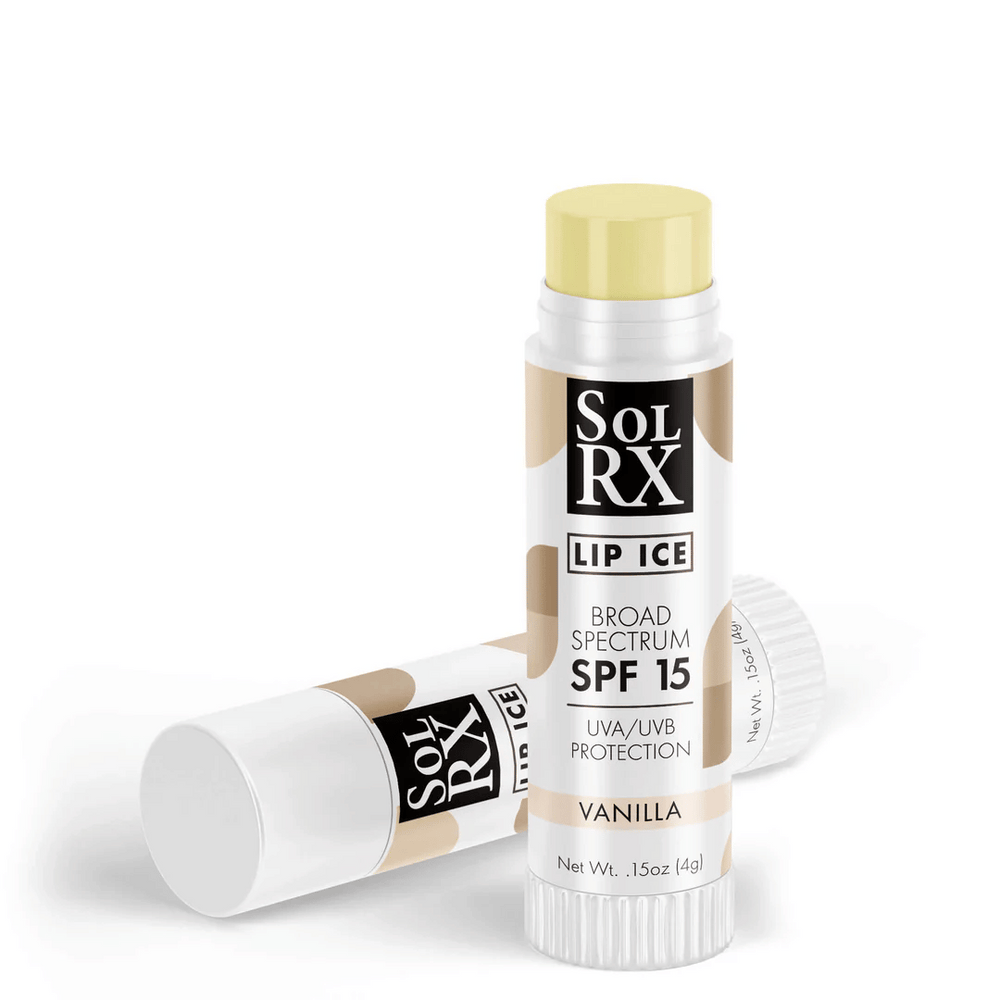 Two tubes of Lip Ice SPF 15 Lip Balm | SolRX in vanilla flavor, featuring broad spectrum UVA/UVB protection, with one tube open showing the pale yellow balm.