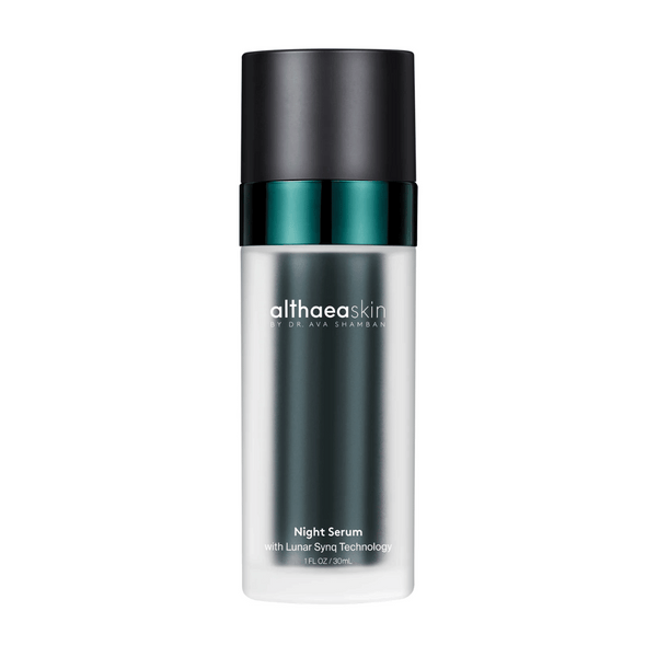 Sleek bottle of Night Serum | Althaea Skin skincare product designed with Lunar Sync Technology for nighttime skin rejuvenation and hydration.
