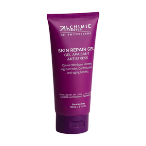 Purple tube of Skin Repair Gel | Alchimie Forever with text highlighting calming razor burn, preventing ingrown hairs, controlling shine, and anti-aging benefits for skincare.