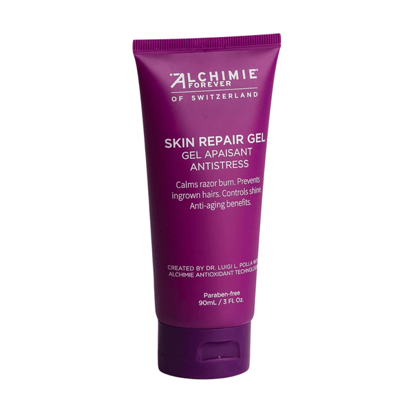 Purple tube of Skin Repair Gel | Alchimie Forever with text highlighting calming razor burn, preventing ingrown hairs, controlling shine, and anti-aging benefits for skincare.