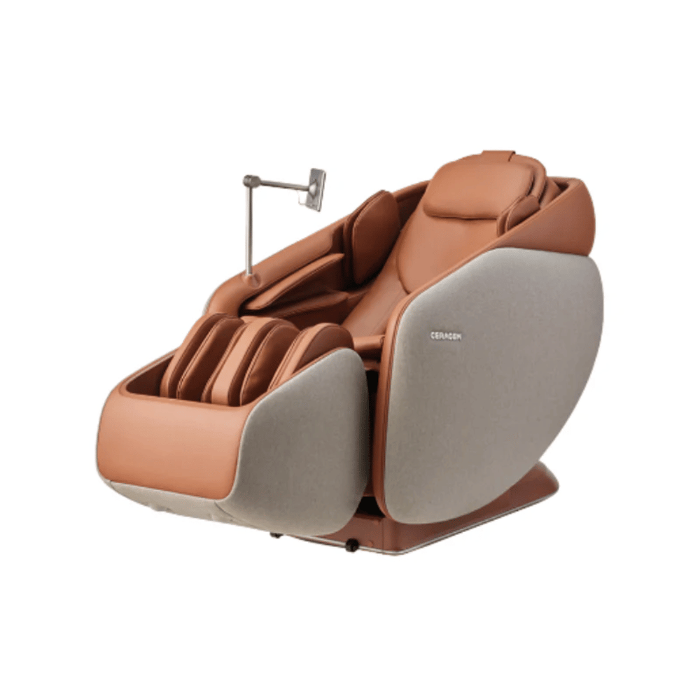 Ceragem Pause M10 - Brown | Ceragem full-body massage chair in brown with cushioned armrests, leg massage compartments, and built-in adjustable reading light for wellness and relaxation.