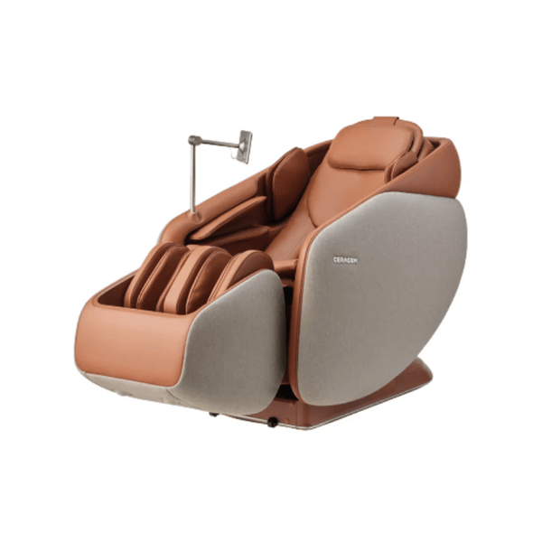 Ceragem Pause M10 - Brown | Ceragem full-body massage chair in brown with cushioned armrests, leg massage compartments, and built-in adjustable reading light for wellness and relaxation.
