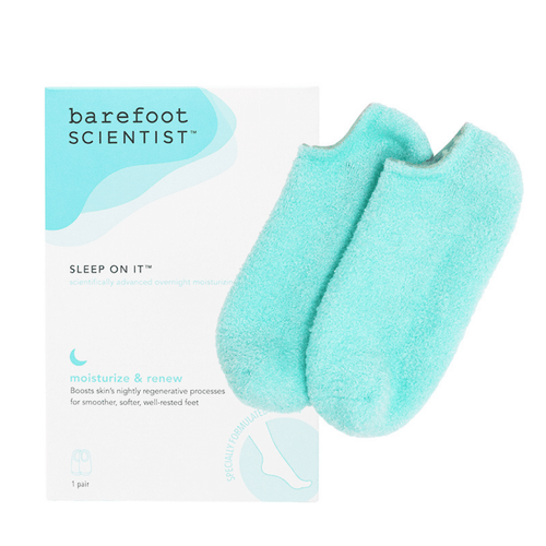 Pair of soft, turquoise gel moisturizing socks displayed next to the Sleep On It Overnight Moisturizing Gel Socks | Barefoot Scientist packaging designed for skincare and nighttime renewal.