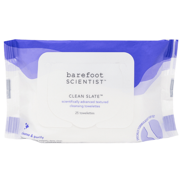 Package of Clean Slate Textured Cleansing Towelettes | Barefoot Scientist in white and purple packaging, designed for skincare with textured towelettes to cleanse and purify.
