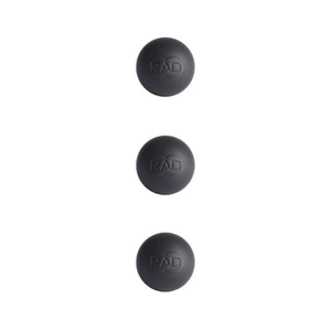 Three black massage balls with embossed RAD logo, designed for targeted muscle relief and recovery, shown on a white background for the Micro Rounds | RAD product.
