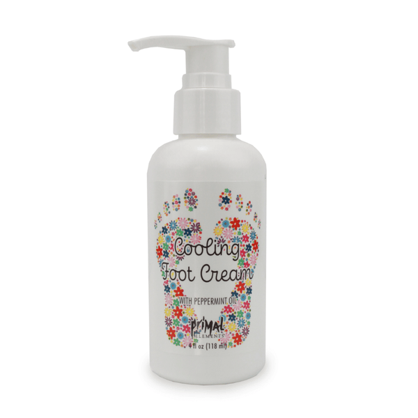 White pump bottle of Cooling Foot Cream | Primal Elements featuring colorful floral foot design on the label, promoting soothing skincare with peppermint oil.