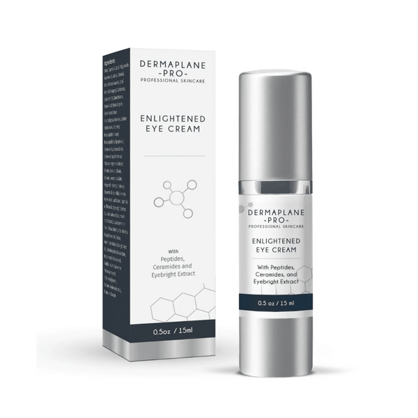 Container and box of Enlightened Eye Cream | DermaplanePro, a skincare product featuring peptides, ceramides, and eyebright extract in a sleek silver and white design.
