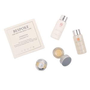 Bespoke Hydration Discovery Kit | Zents with mini skincare bottles and balm jars arranged next to the kit box, featuring body care products for hydration and wellness.