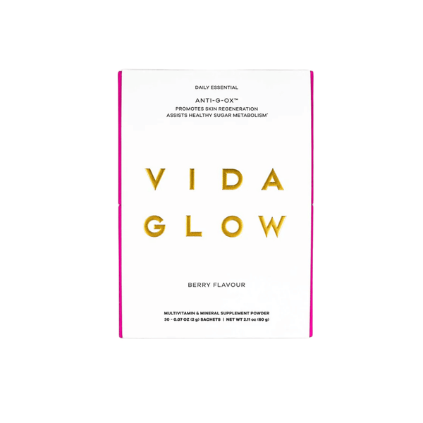 White and pink box packaging of Anti-G-Ox Berry | VIDA GLOW multivitamin and mineral supplement powder promoting skin regeneration and healthy sugar metabolism.