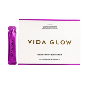 Box and sachet of Collagen Liquid Advance | VIDA GLOW, a skincare liquid dietary supplement designed to support skin elasticity and hydration.