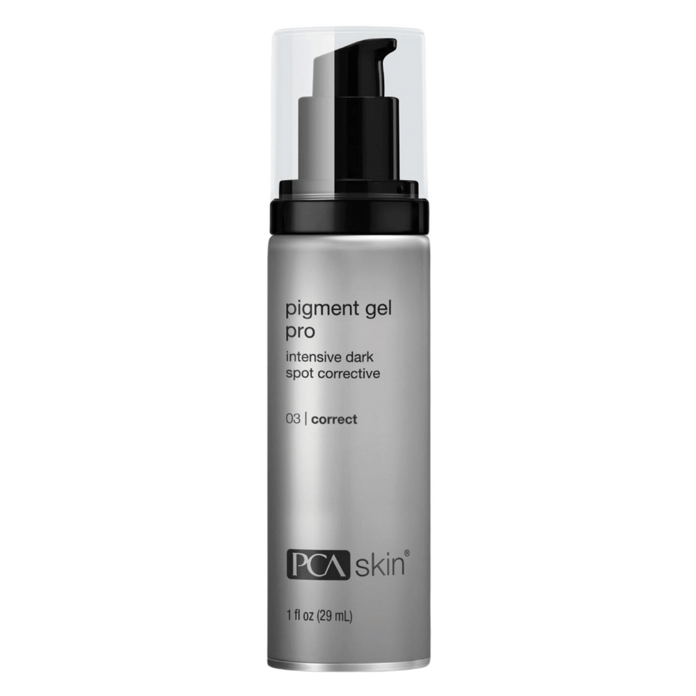 Bottle of Pigment Gel Pro | PCA Skin intensive dark spot corrective skincare product with a black pump dispenser and clear cap.