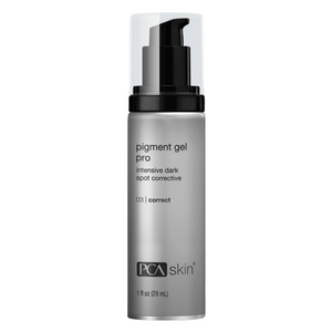 Bottle of Pigment Gel Pro | PCA Skin intensive dark spot corrective skincare product with a black pump dispenser and clear cap.
