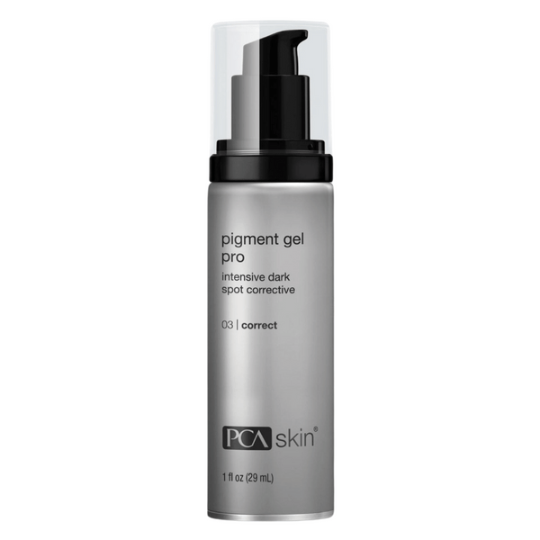 Bottle of Pigment Gel Pro | PCA Skin intensive dark spot corrective skincare product with a black pump dispenser and clear cap.