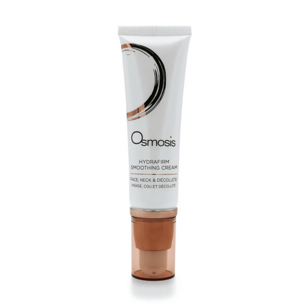 Tube of Hydrafirm Smoothing Cream | Osmosis with white body and rose gold pump dispenser designed for face, neck, and décolleté skincare in the Live Love Spa collection.