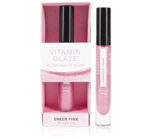 Vitamin Glaze® Oil Infused Lip Gloss – Sheer Pink | Farmhouse Fresh displayed with packaging and tube, showcasing a soft pink shimmer lip gloss for hydration and subtle color.