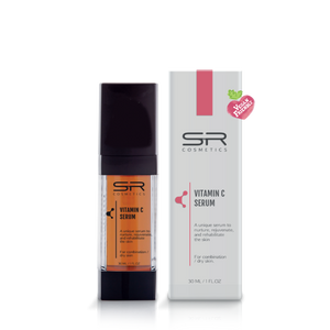 Bottle and packaging of Vitamin C Serum | SR Cosmetics, designed for combination and dry skin, featuring a vegan-friendly skincare product to nurture and rejuvenate the skin.