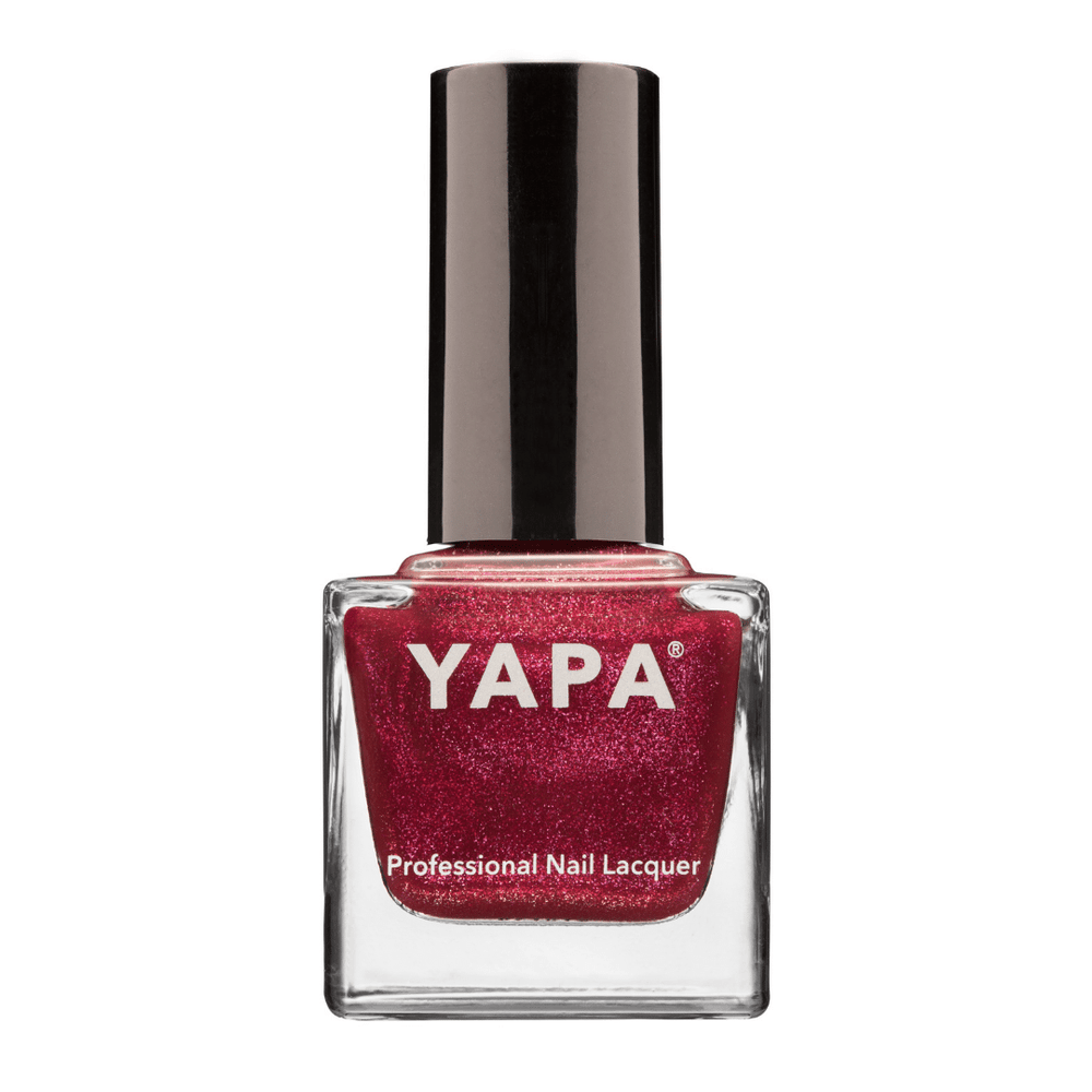 Vivian Nail Lacquer | YAPA in a shimmering deep red shade, featuring a sleek black cap and clear glass bottle for a professional manicure finish.
