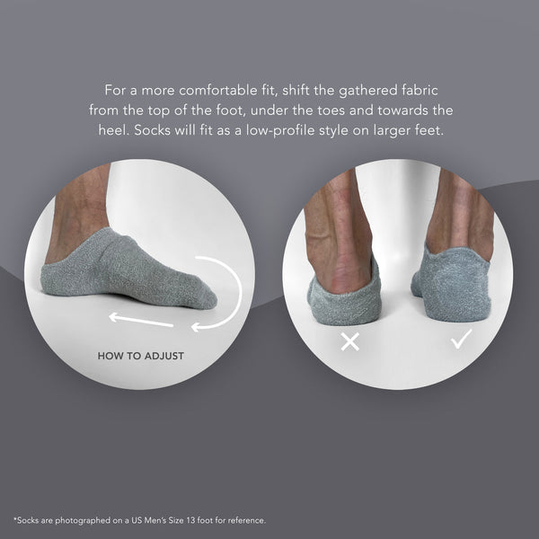Person demonstrating how to adjust Sleep On It Overnight Moisturizing Gel Socks | Barefoot Scientist for a comfortable fit by shifting gathered fabric under toes toward heel for a low-profile style on larger feet.