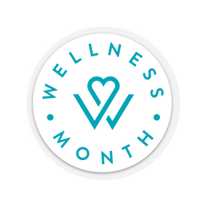 Round sticker featuring a turquoise design with a heart integrated into the letters W and V, surrounded by the words "WELLNESS MONTH" in a circle, part of the SELF-CARE STICKER PACK | Wellness Month.