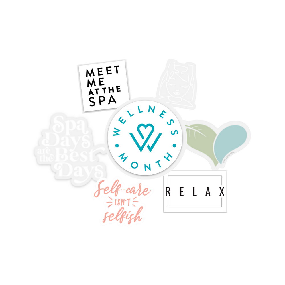Collection of six self-care themed stickers including phrases like "Meet me at the spa," "Relax," "Self-care isn't selfish," "Spa days are the best days," a wellness month emblem, and a heart design in soft pastel colors featuring the SELF-CARE STICKER PA