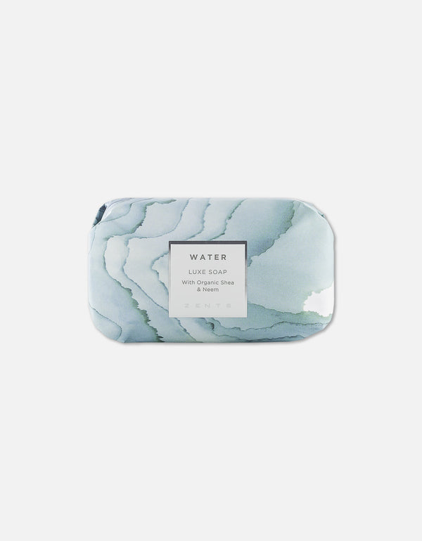 Luxe Soap Bar | Zents wrapped in artistic blue and white marbled paper labeled Water Luxe Soap with organic shea and neem, ideal for skincare and body care wellness.