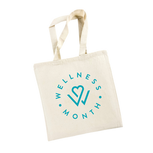 Canvas tote bag with teal Wellness Month logo and heart design, promoting self-care and wellness, labeled as Wellness Month Tote - Teal | Wellness Month.