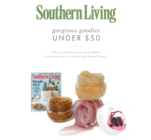 Whoopie® Lip Polish | Farmhouse Fresh sugar scrub lip polish with a textured golden formula and a glossy pink polish next to a Southern Living magazine cover.
