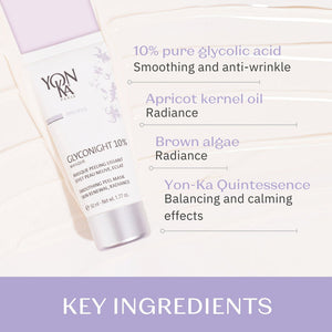 GlycoNight 10% Peel Masque | Yon-Ka Paris tube displayed with key ingredients including 10% pure glycolic acid for smoothing and anti-wrinkle, apricot kernel oil and brown algae for radiance, and Yon-Ka Quintessence for balancing and calming effects.